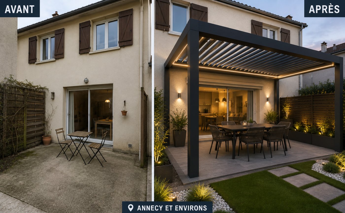 Simulation avant/après d'une pergola bioclimatique, secteur Annecy