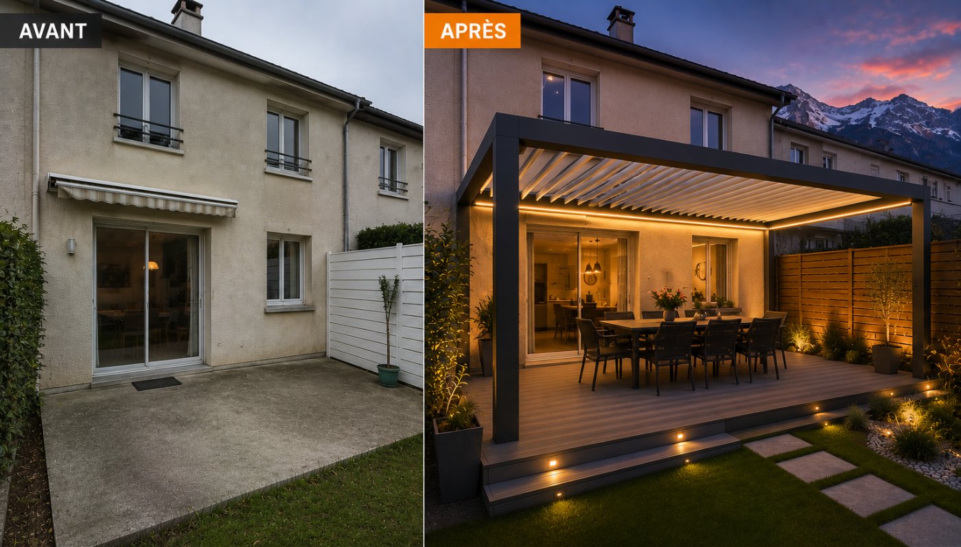 Simulation avant/après d'une pergola bioclimatique avec vue montagne au coucher du soleil
