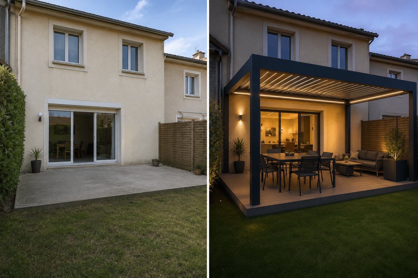 Simulation avant/après d'une pergola bioclimatique en soirée