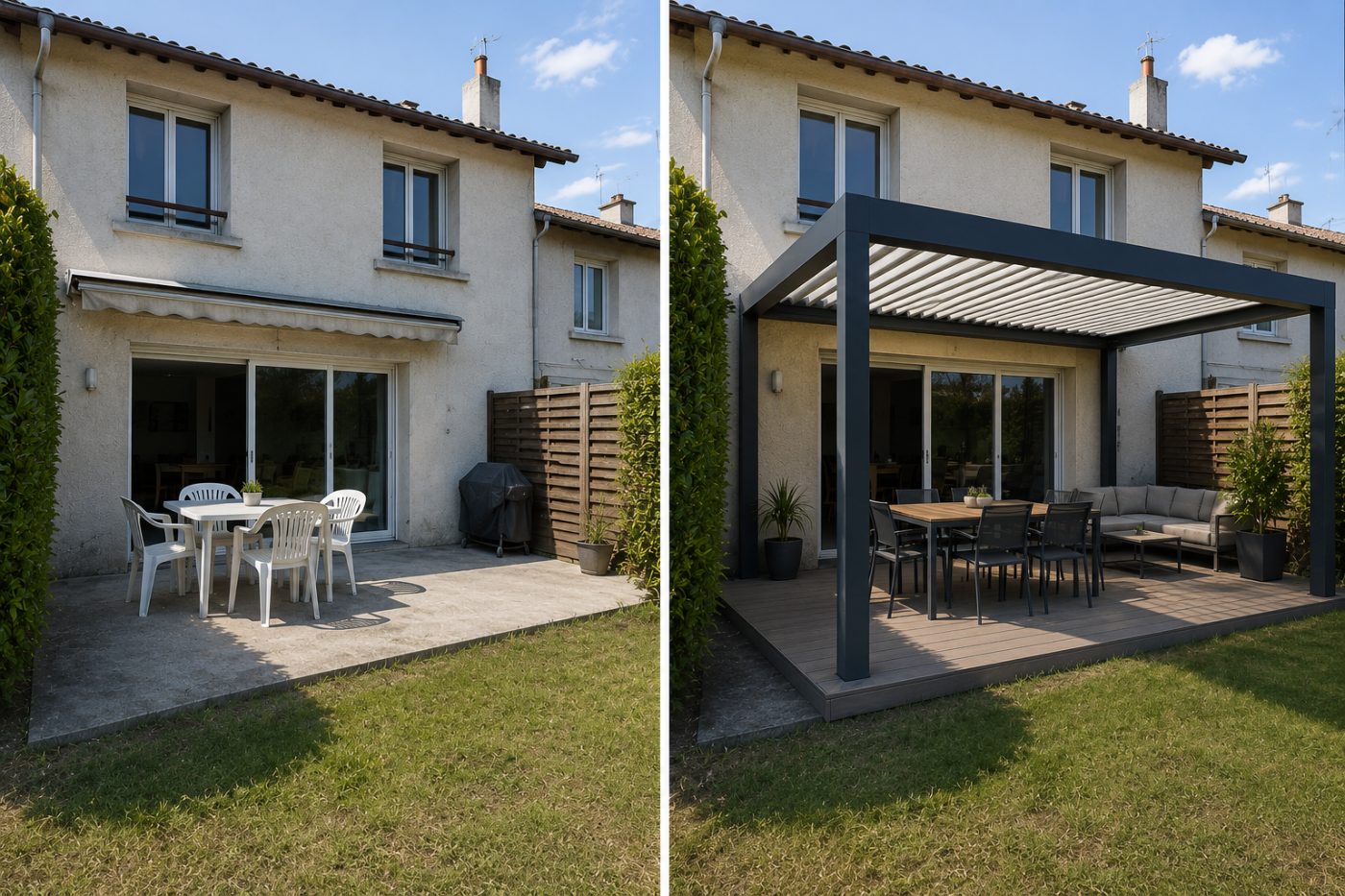 Simulation avant/après d'une pergola bioclimatique de jour